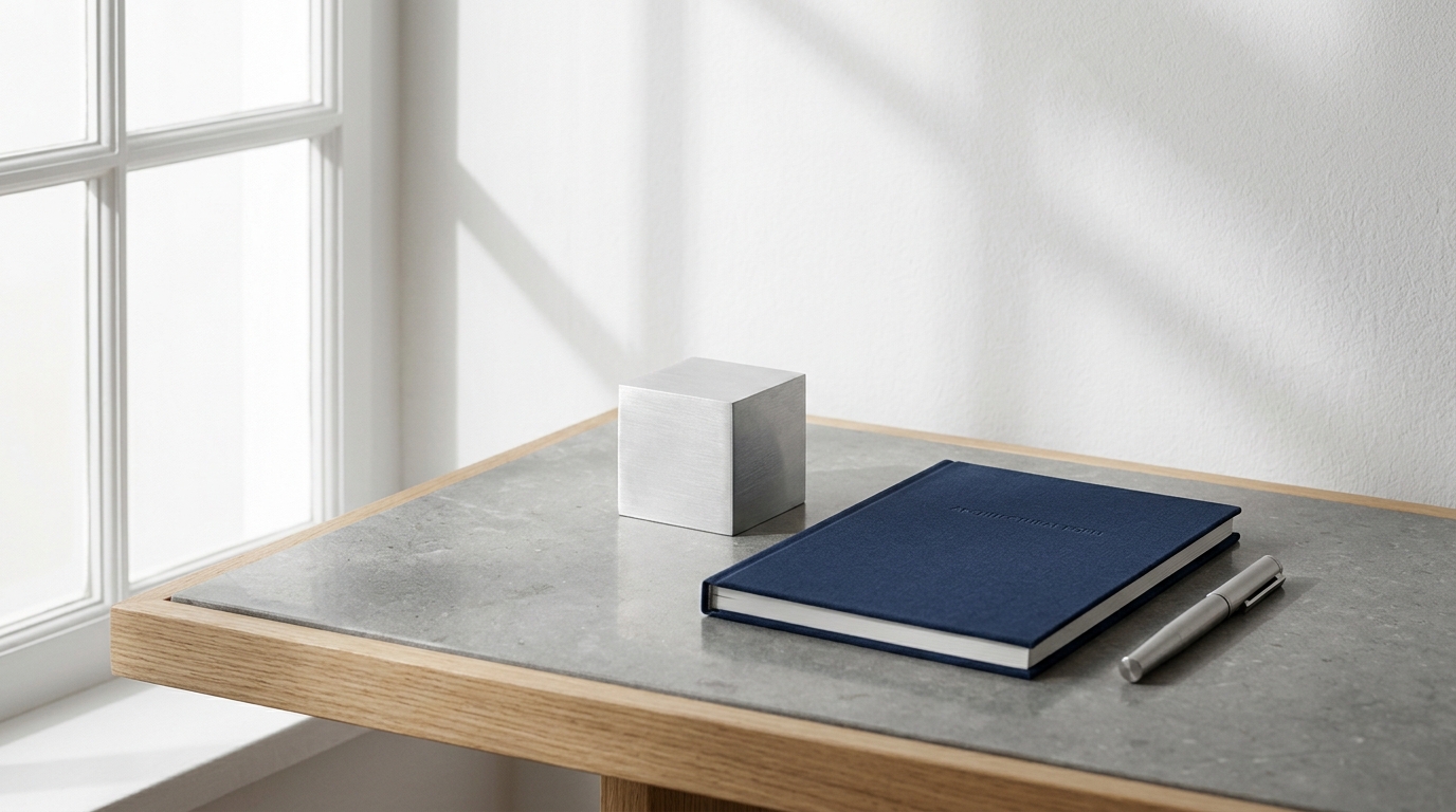 Estudio arquitectónico minimalista nórdico con cuaderno ejecutivo azul marino, aluminio cepillado y luz natural